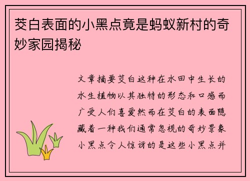 茭白表面的小黑点竟是蚂蚁新村的奇妙家园揭秘